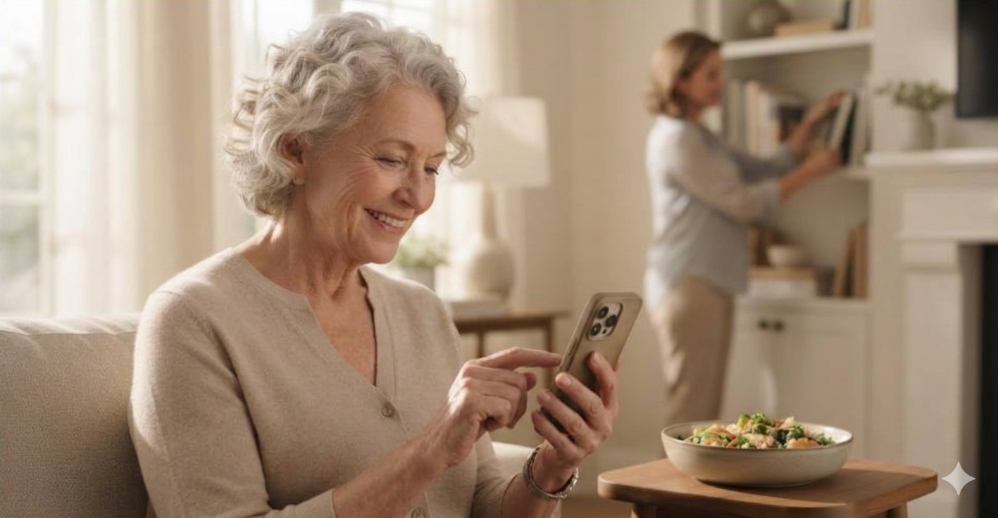 An older woman using the Vivere app on her phone at home while her daughter tidies a shelf
