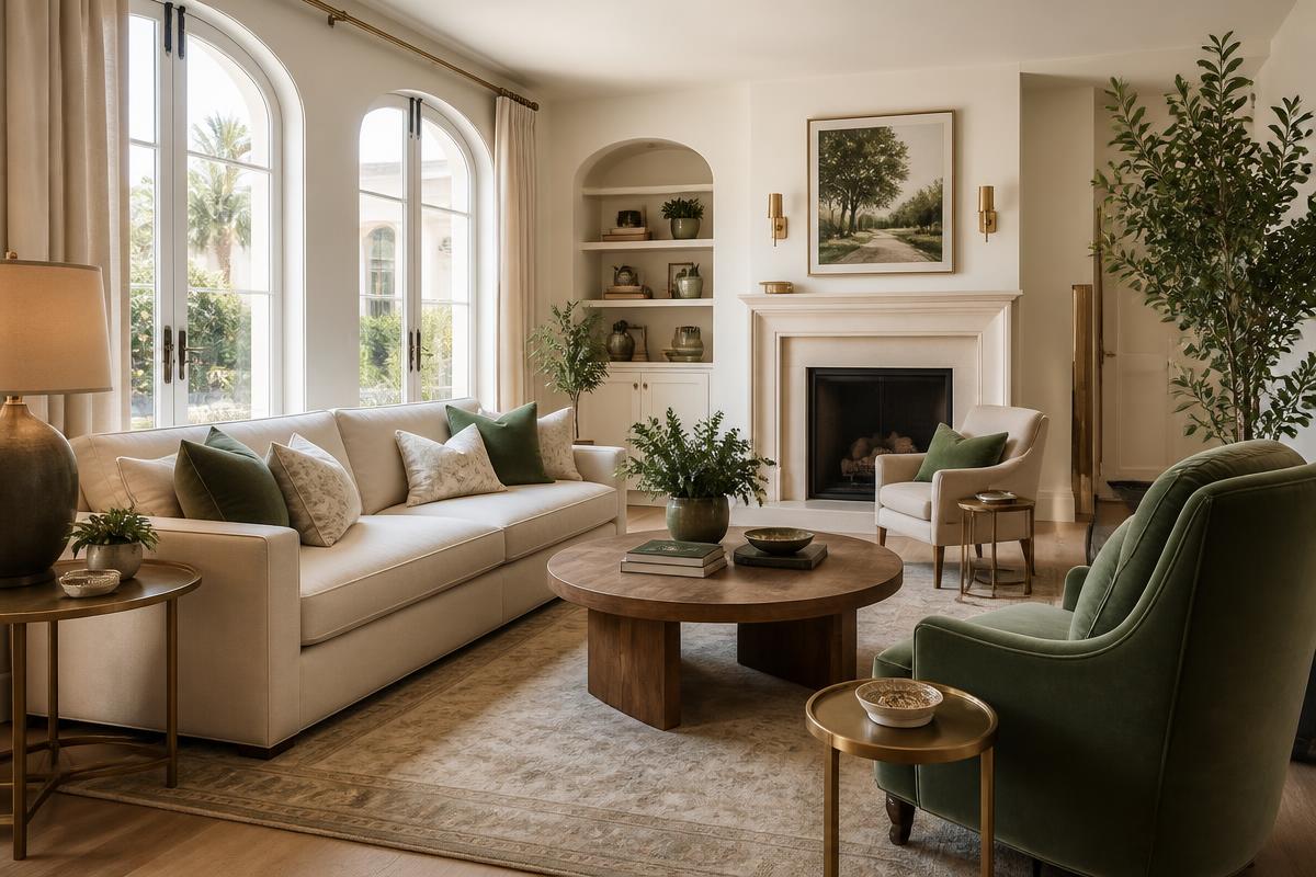 Elegant living room with comfortable sofa, coffee table, green armchairs, fireplace, and warm natural light
