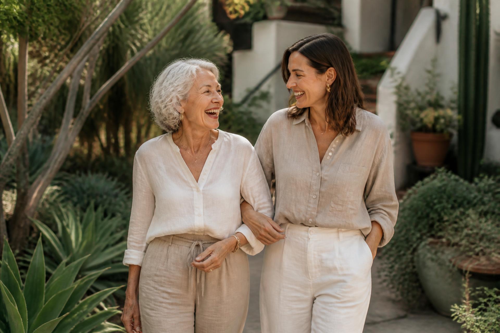 An older woman walking and laughing with her adult daughter in a sunlit garden courtyard